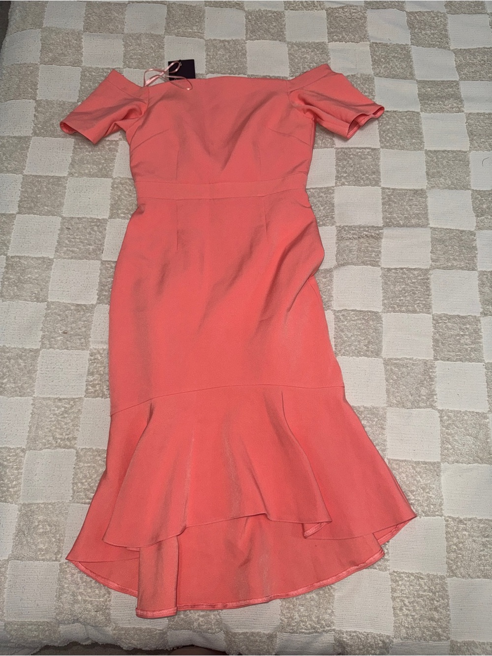 Vesper Coral Bengaline Frill Bardot Mermaid Midi Dress Womens 6 NWT